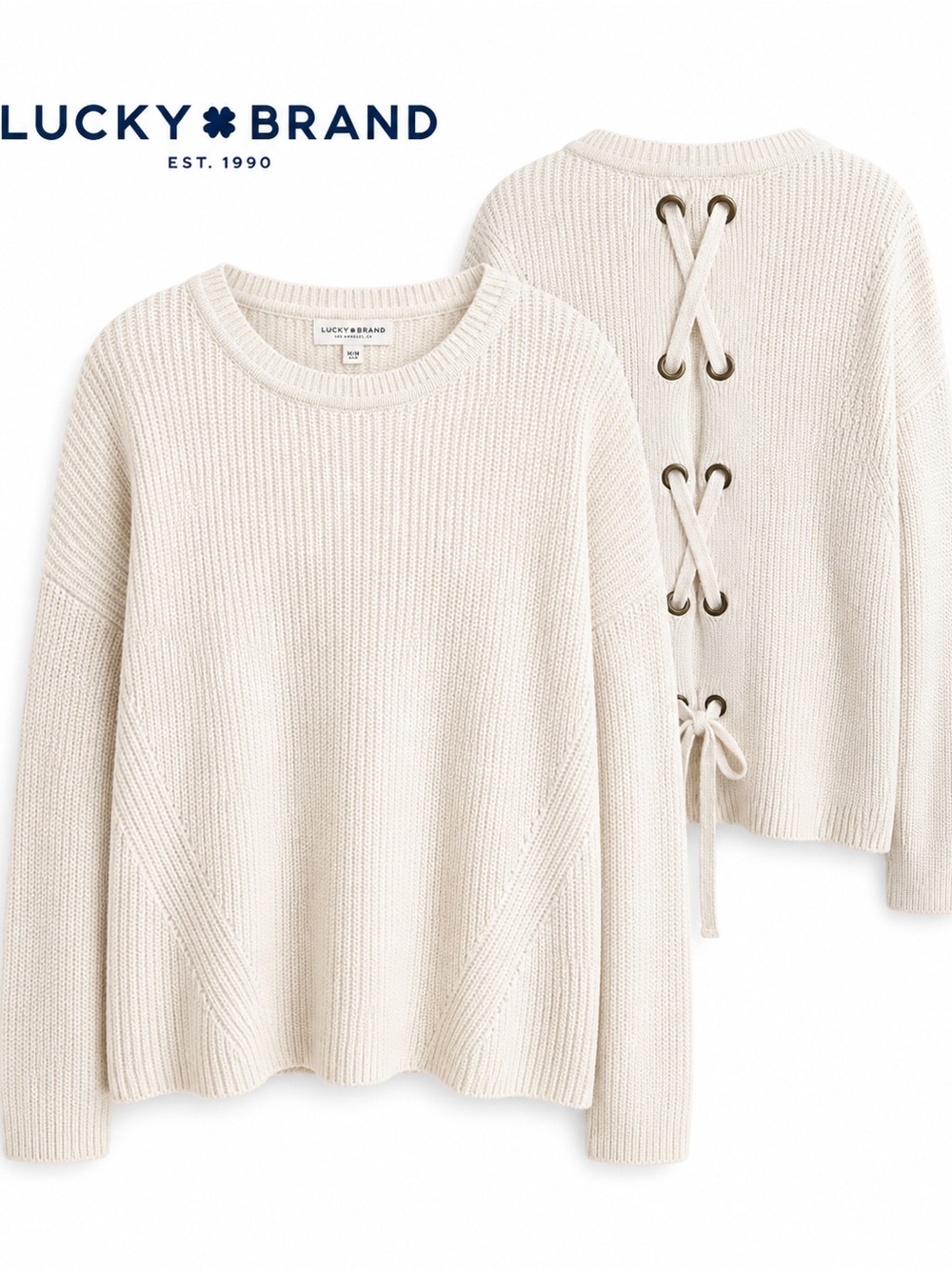 Lucky Brand  Lace-Up Back Crewneck Sweater Cream M Boho Cable knit 7W51974